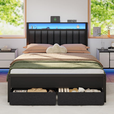 Full Bed Frame with Charging Station and LED Lights, Grey Upholstered Headboard with Shelves