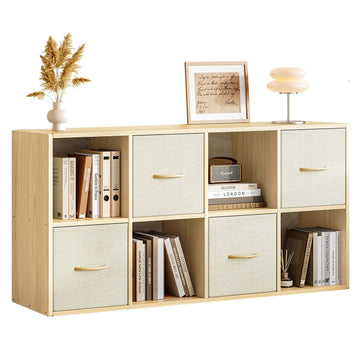 8 Cube Storage Organizer - Solid Wood Bookshelf with 4 Storage Bins, Cube Shelf with 2 Removable Back Panels