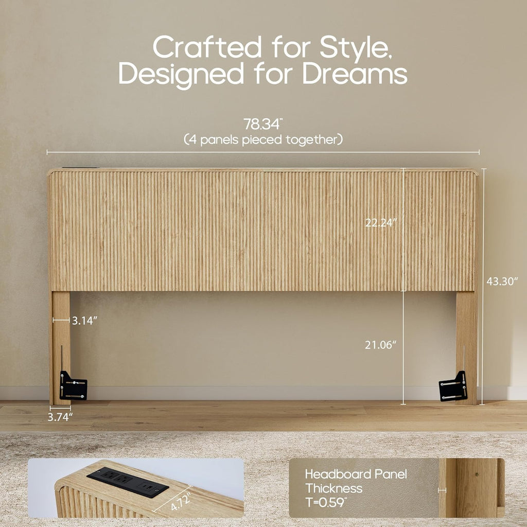 Wood Fluted Headboard King, Modern Wall Mounted Headboard King Headboard Only with 2 Outlets and USB & Type C Port