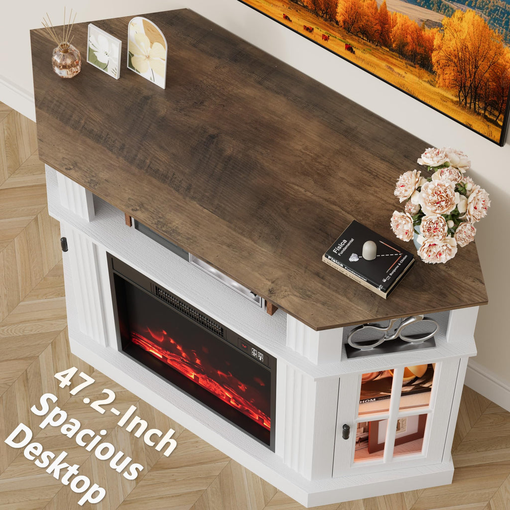 LED Fireplace Corner TV Stand for Up to 55 Inch, Antique White