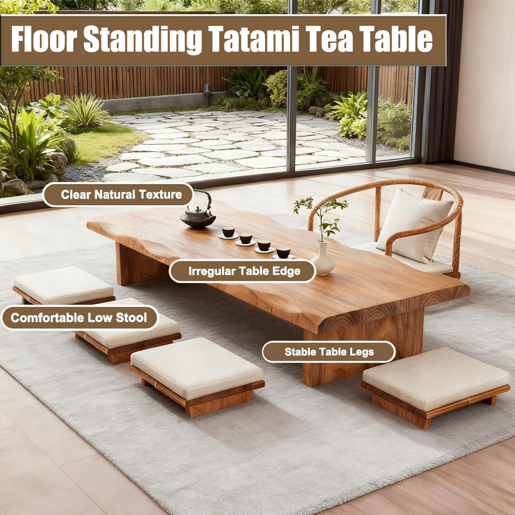 Solid Wood Japanese Low Floor Table Meditation Floor Sitting Altar Table for Living/Tea/Reception Room (Wood