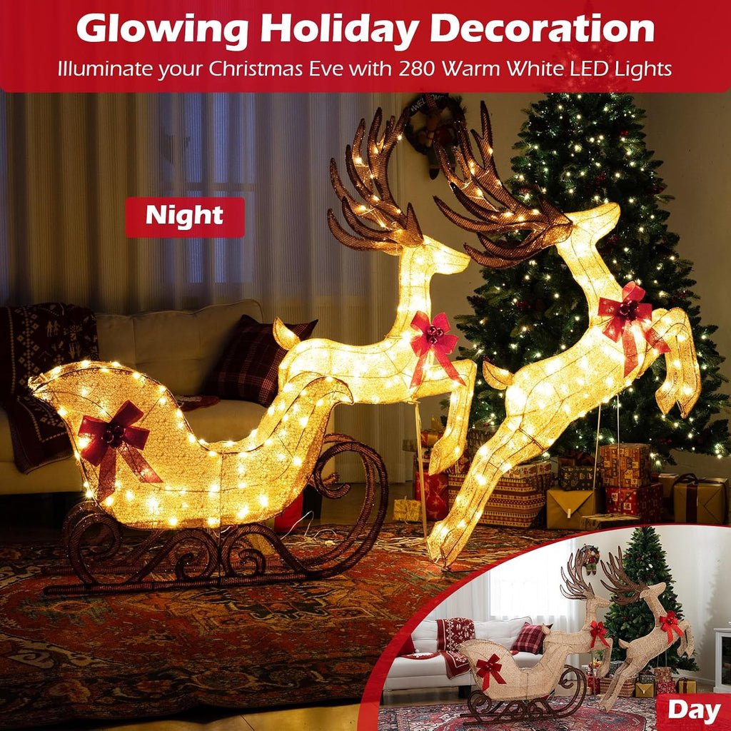 3-Piece Christmas Lighted Reindeer & Sleigh Set, Gold
