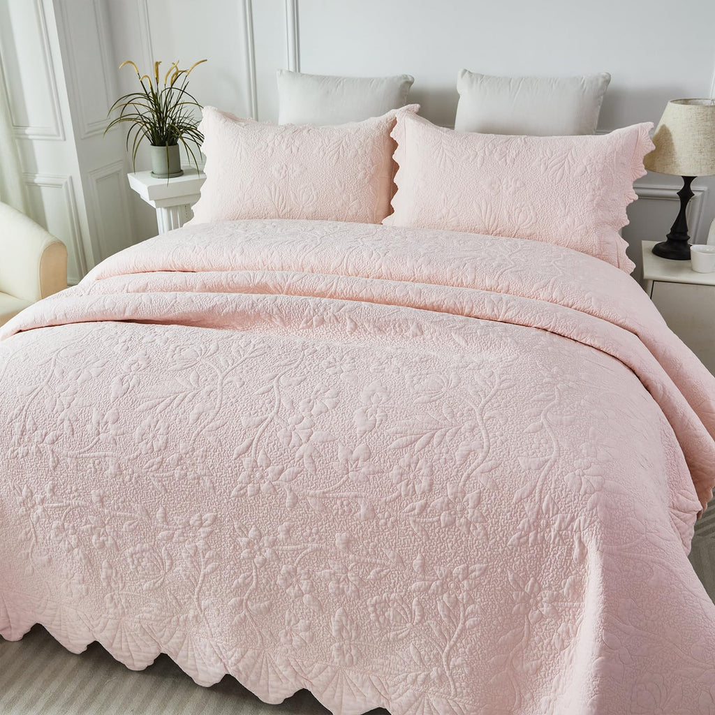 Pink Cotton Quilt Set Scalloped Matelasse Coverlet 2PC