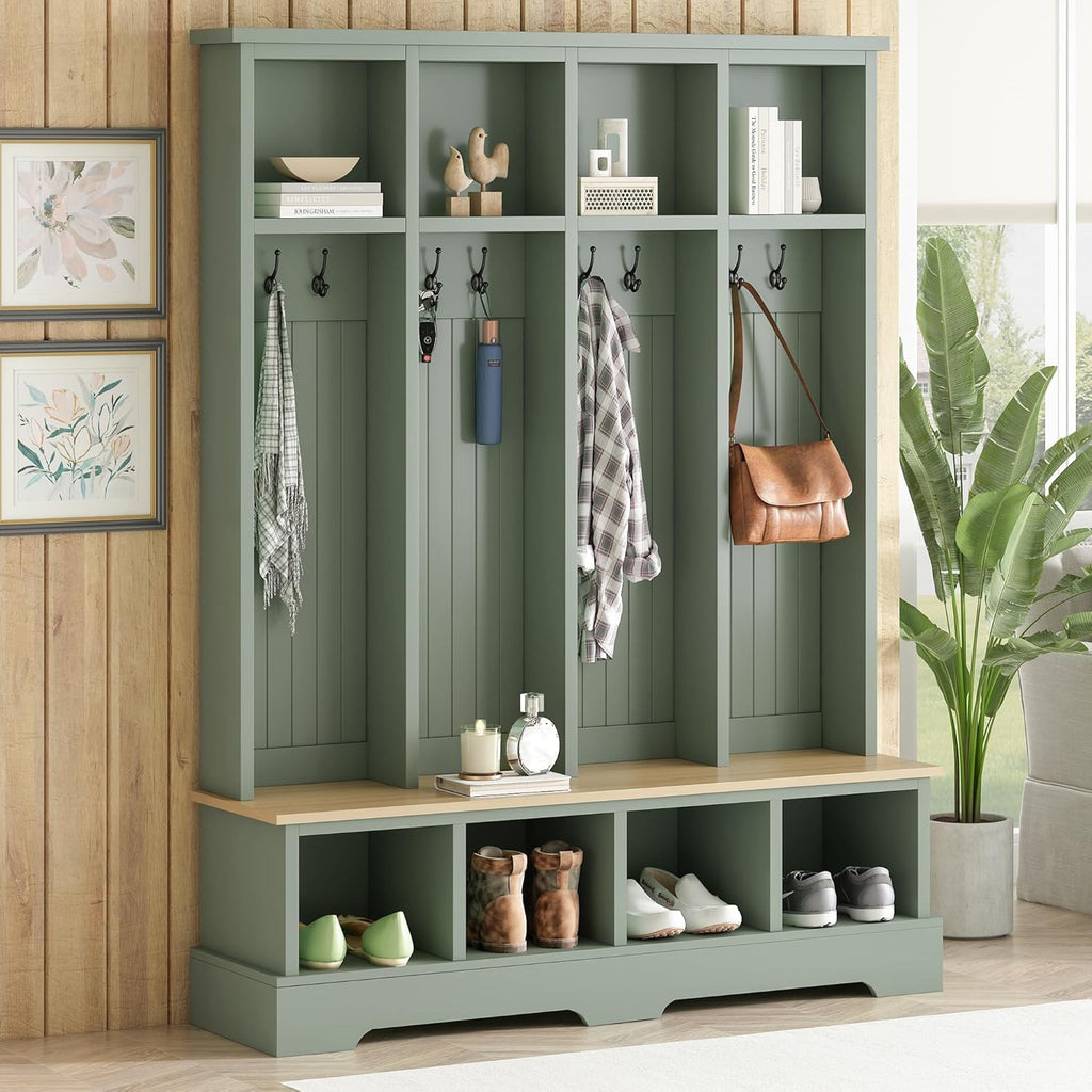Farmhouse Hall Tree with Bench and Shoe Storage, 59" Entryway Bench with Coat Rack, 3-in-1 Hall Tree with Top