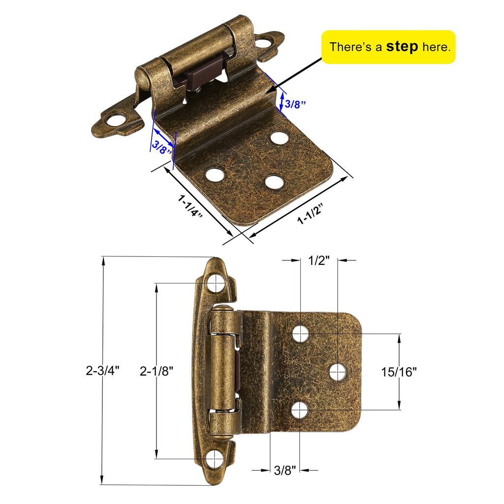 Antique Brass Kitchen Cabinet Hinges, 3/8" Inset, 10 Pack