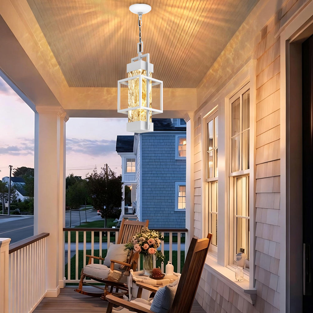 15'' White Outdoor Indoor Pendant Celing Light Fixture, Modern Exterior Hanging Chandelier Porch Lights, Aluminum