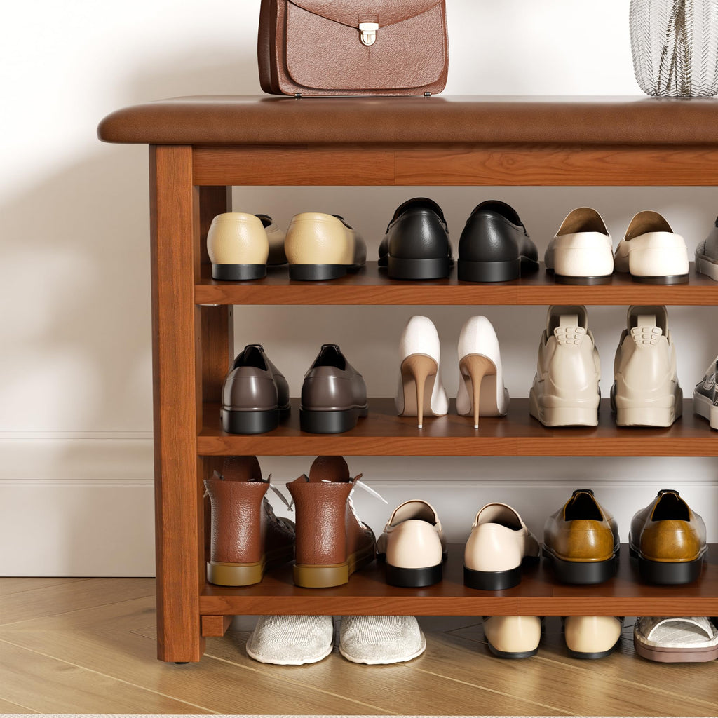 Shoe Rack Bench with Leather Cushion 3-Tier Shoe Rack Organizer Hallway or Living Room Farmhouse Rustic Wooden Seat