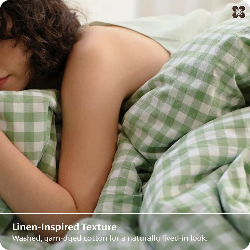 Gingham Duvet Cover Queen, 100% Washed Cotton Duvet Cover Linen‑Like, PureWoven with Reversible Yarn‑Dyed Design & Double‑Stitch Craft, 3-Piece with Zipper, Gingham Willow Green, 90"x90"