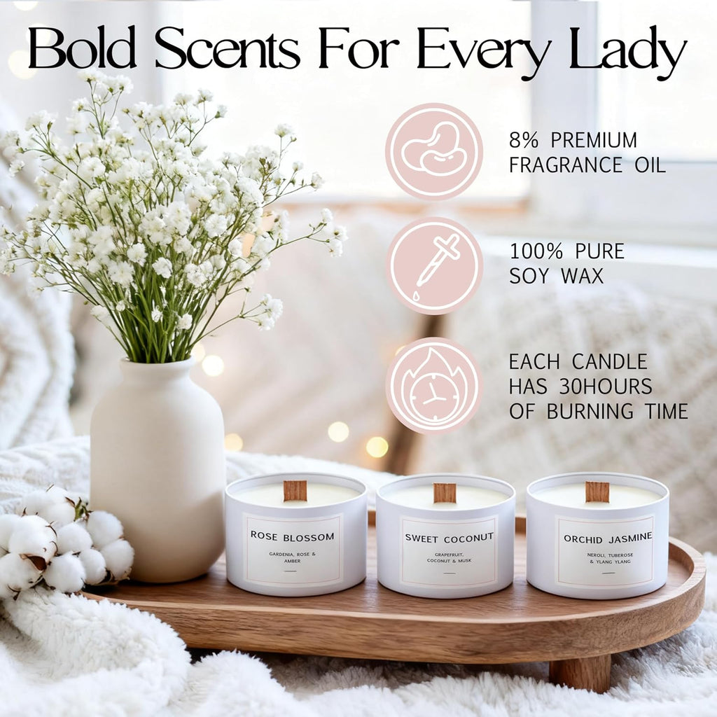 Luxury Candle Gift Set for Women - Luxury Candle Box with 3 Scented Soy Candles in Pink Box - Mother's Day, Birthday - Set of 3