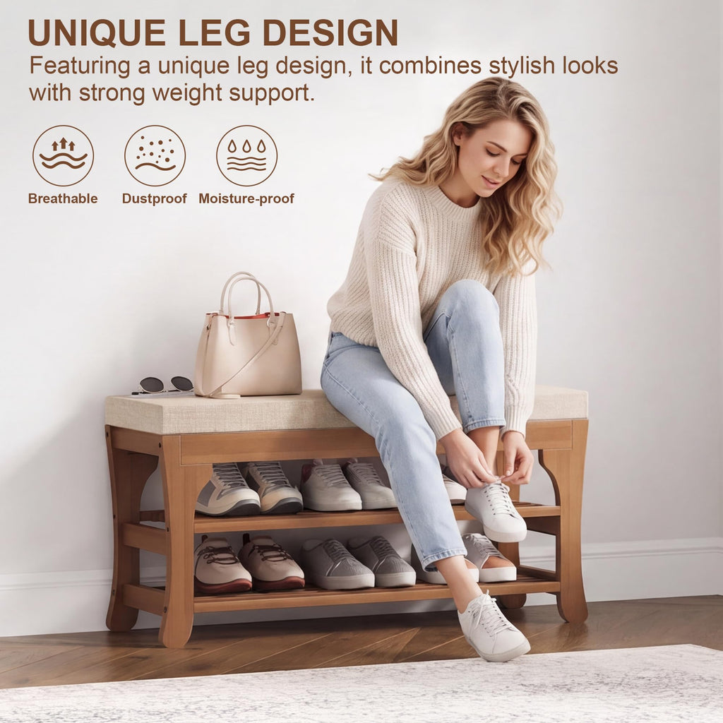 27.6" Shoe Storage Bench with Cushion, Bamboo Shoe Rack Bench, 2-Tier Entryway Shoe Organizer, Supports up to 350 LB