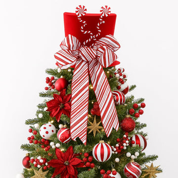 Christmas Candy Cane Tree Topper Red Hat with Red White Striped Bow