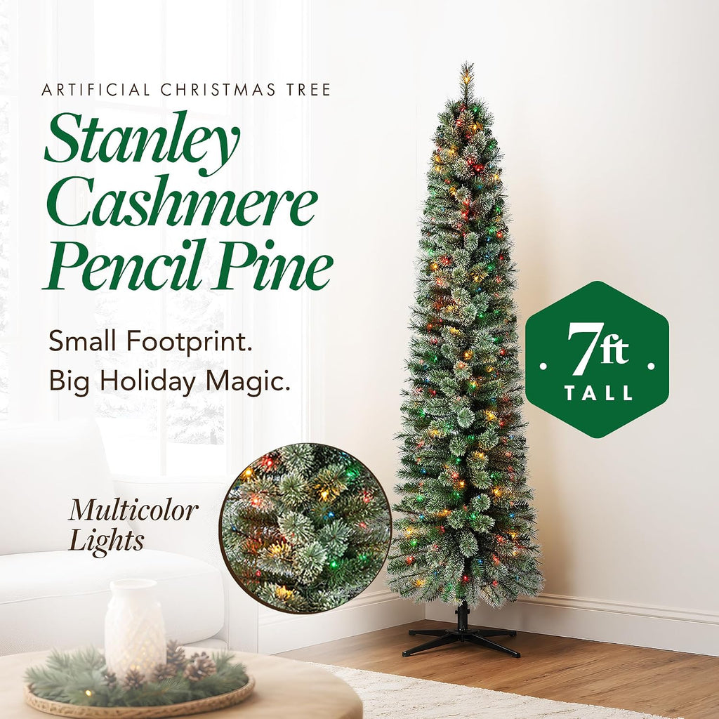 Stanley Slim Pre-Lit Pencil Christmas Tree - Artificial Pine with 350 Multicolor Incandescent Lights and 335