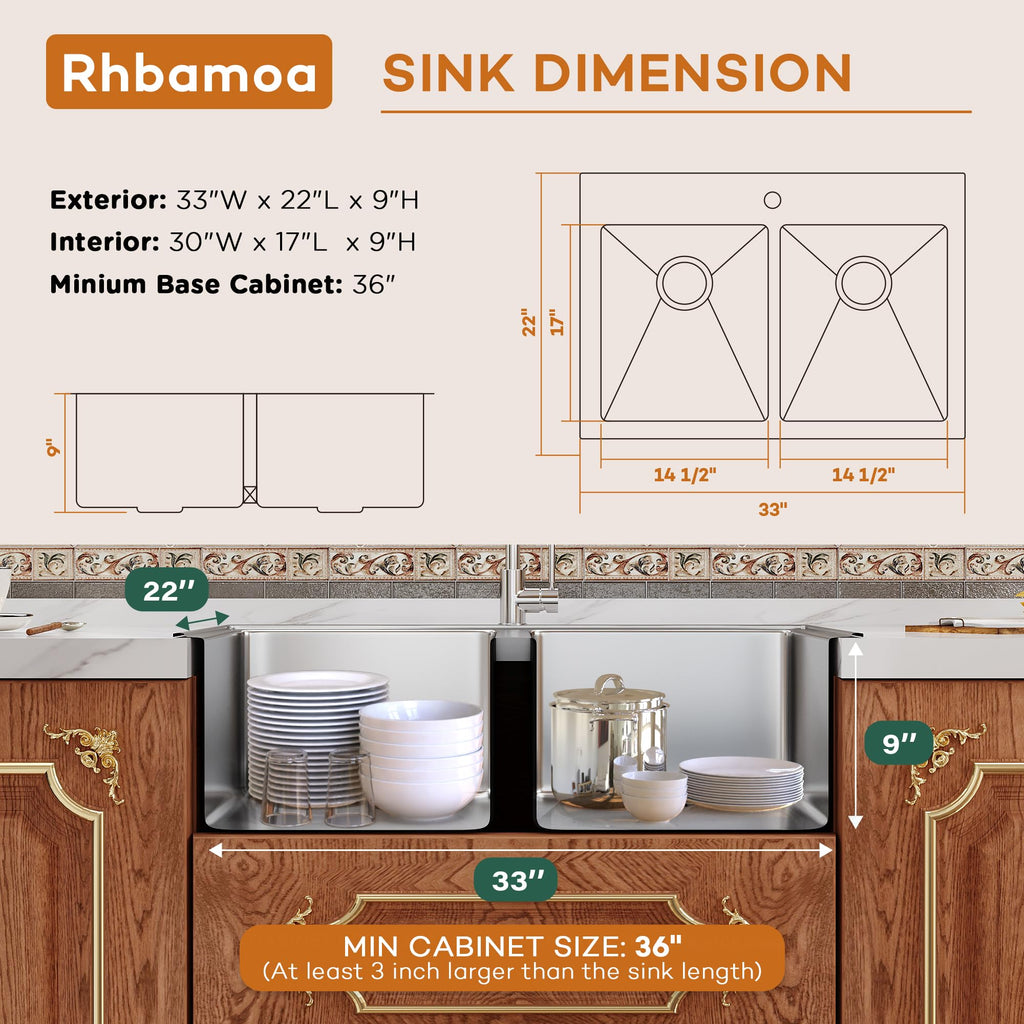 33''x22'' Drop In, 16-Gauge 50/50 Stainless Steel Double Sink 33 Inch, 9 Inch Depth Drop In Double Sinks with All
