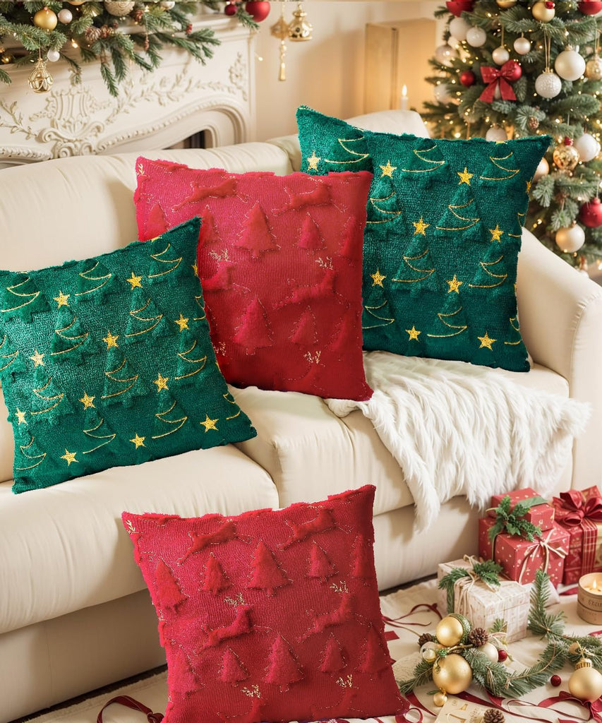 Christmas Pillow Covers Soft Plush Faux Fur Pillow Cases 3D Embroidered Decorative Couch Cover Home Decor - Set of 2