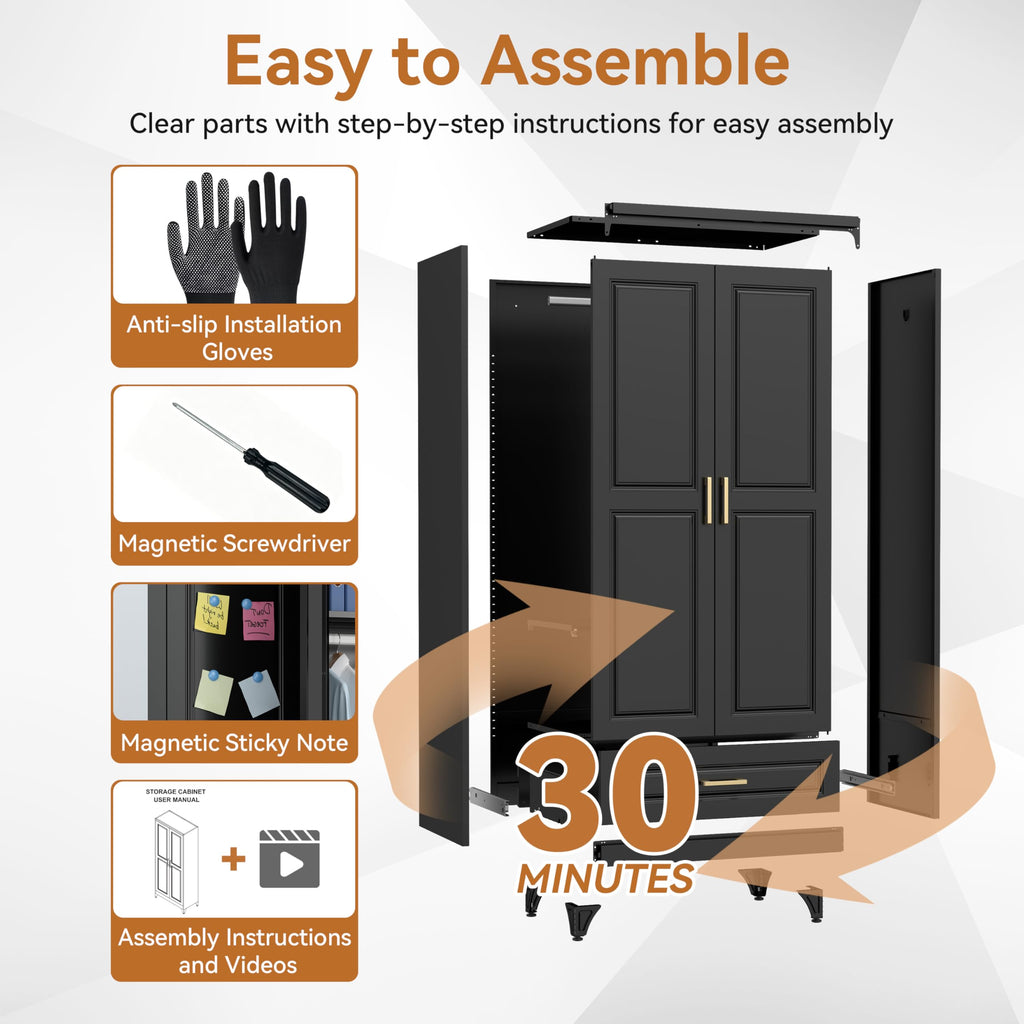 71" Black Metal Armoire Wardrobe Closet with Doors and 1 Drawer