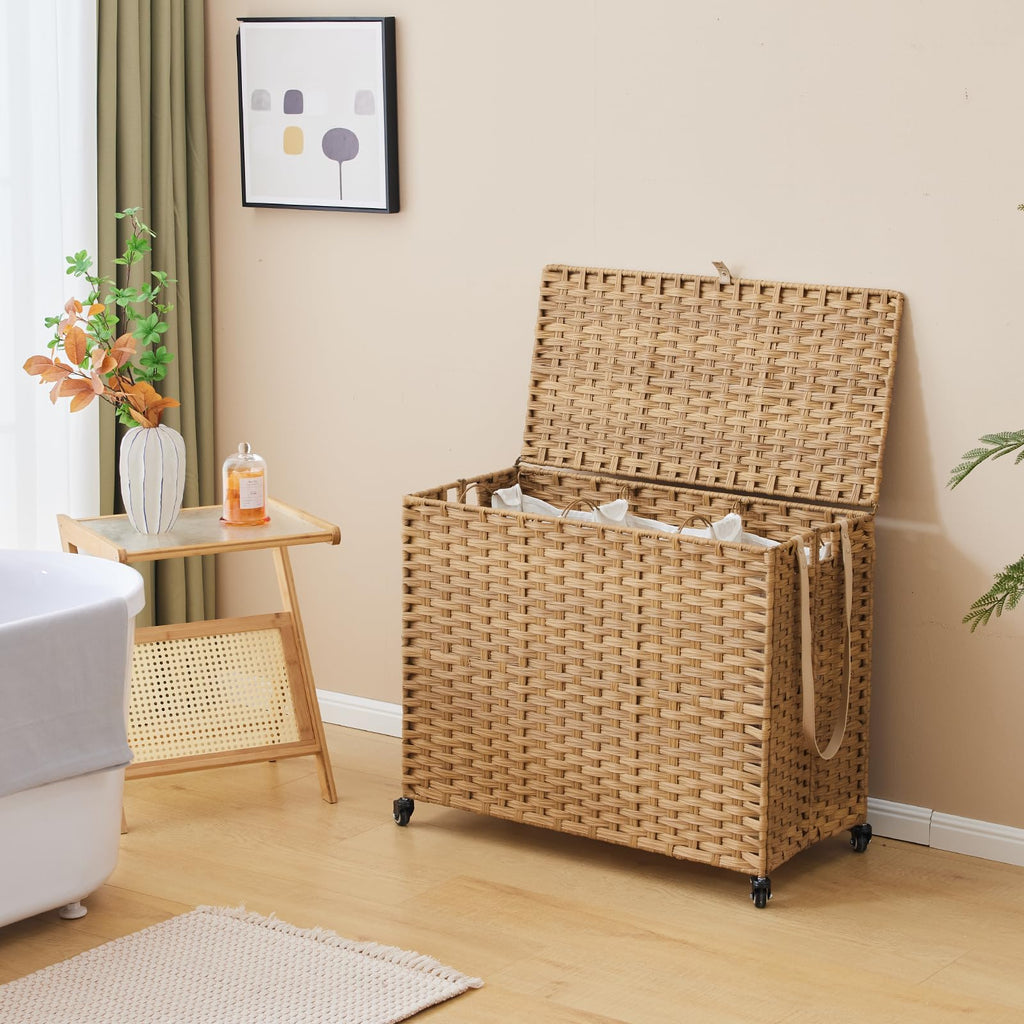 Laundry Hamper with Wheels, 52.8 Gallon(200L) Rolling Laundry Basket with Lid, 3-Section Rattan Clothes Hamper with 3