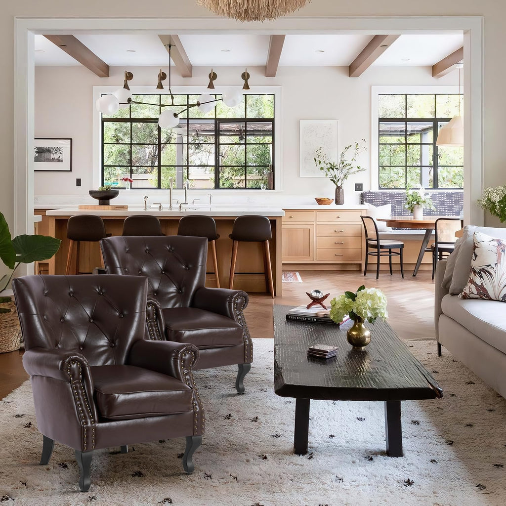 PU Leather Accent Chair, Mid-Century Modern Armchair Living Room Club Chair with Tufted Button & Rivet Trim