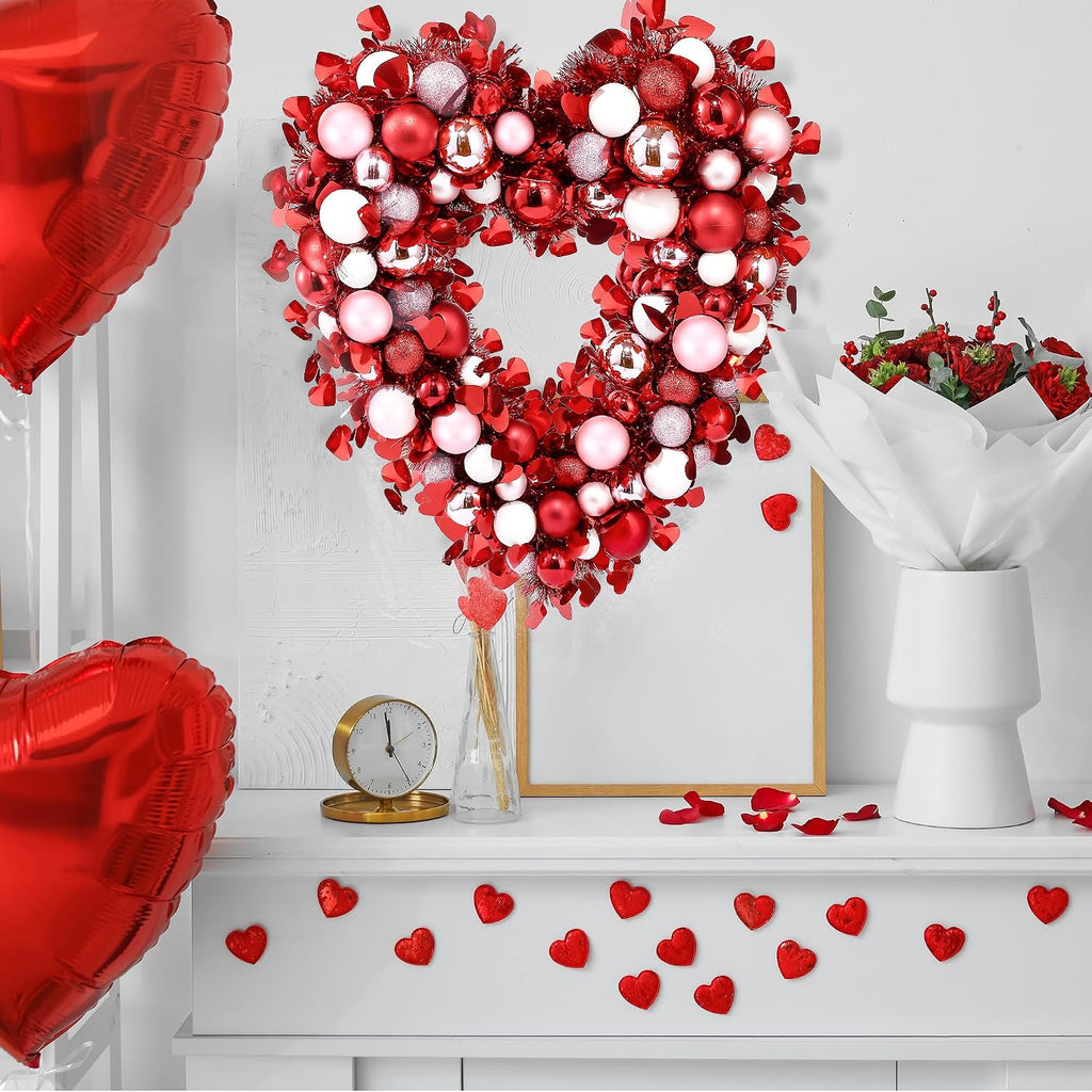 17.7'' Heart Shaped Wreath Red Pink White Heart Wreath with Tinsel Red Balls Decorations for Front Door Wedding Party