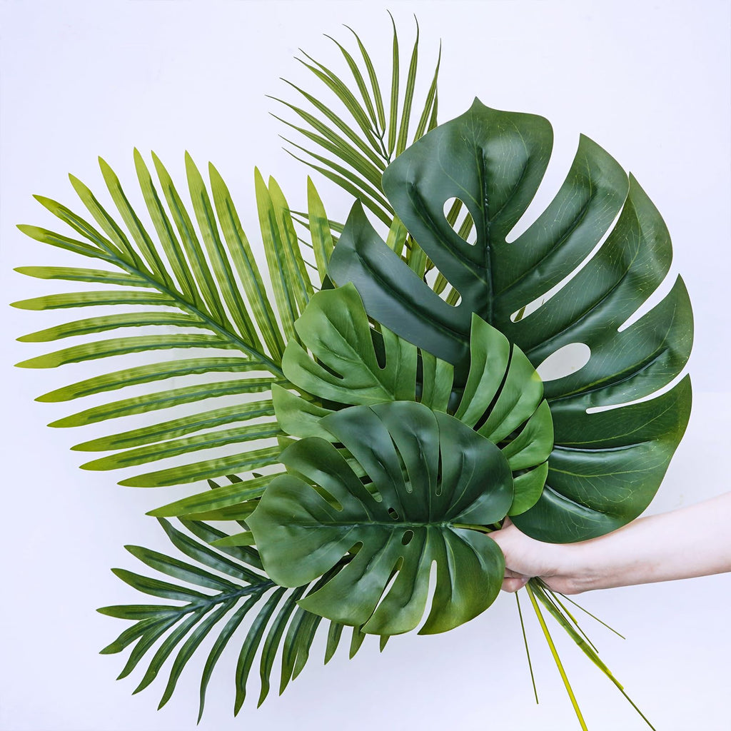 13 Pcs Assorted Artificial Tropical Leaves Set Decorative Real Touch Faux Monstera and Palm Leaves with Stems for