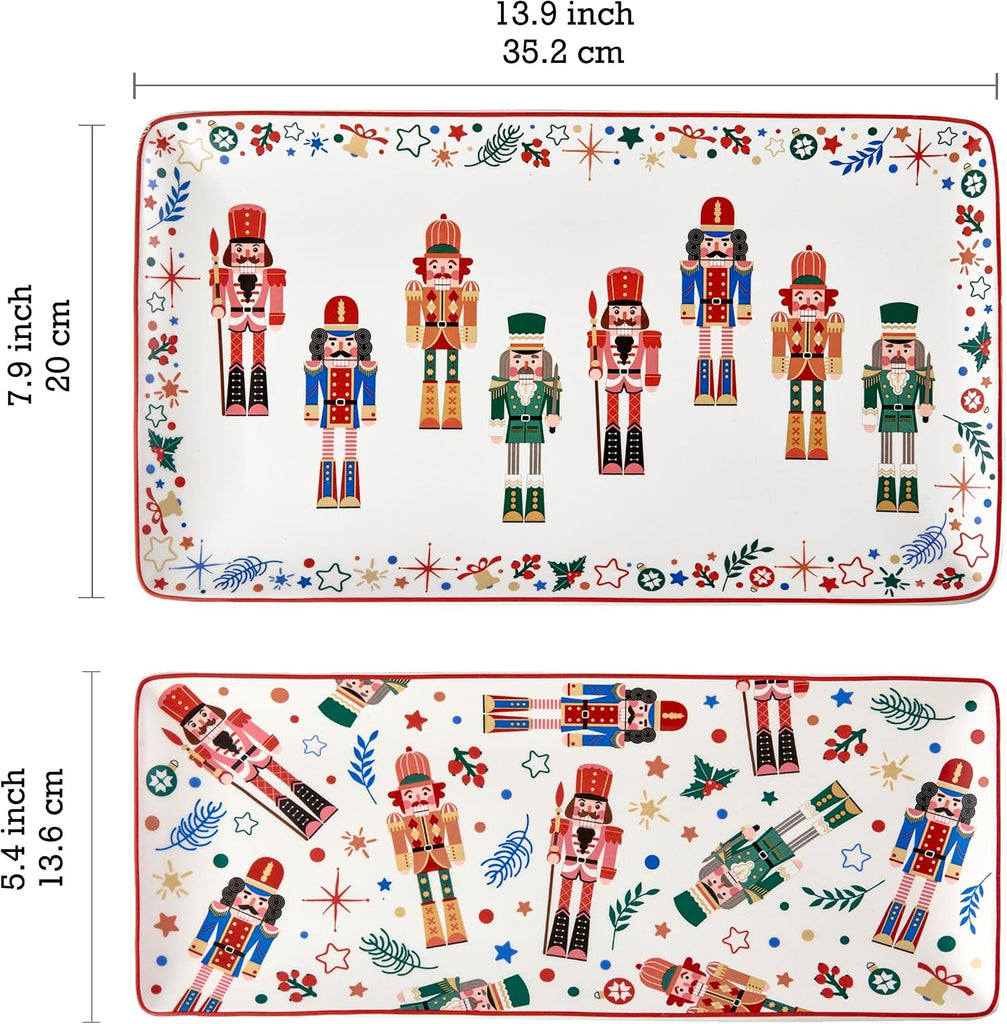 Christmas Soldier Ceramic Rectangular Serving Platters Set of 2, 14 Inch, Microwave & Dishwasher Safe, Large