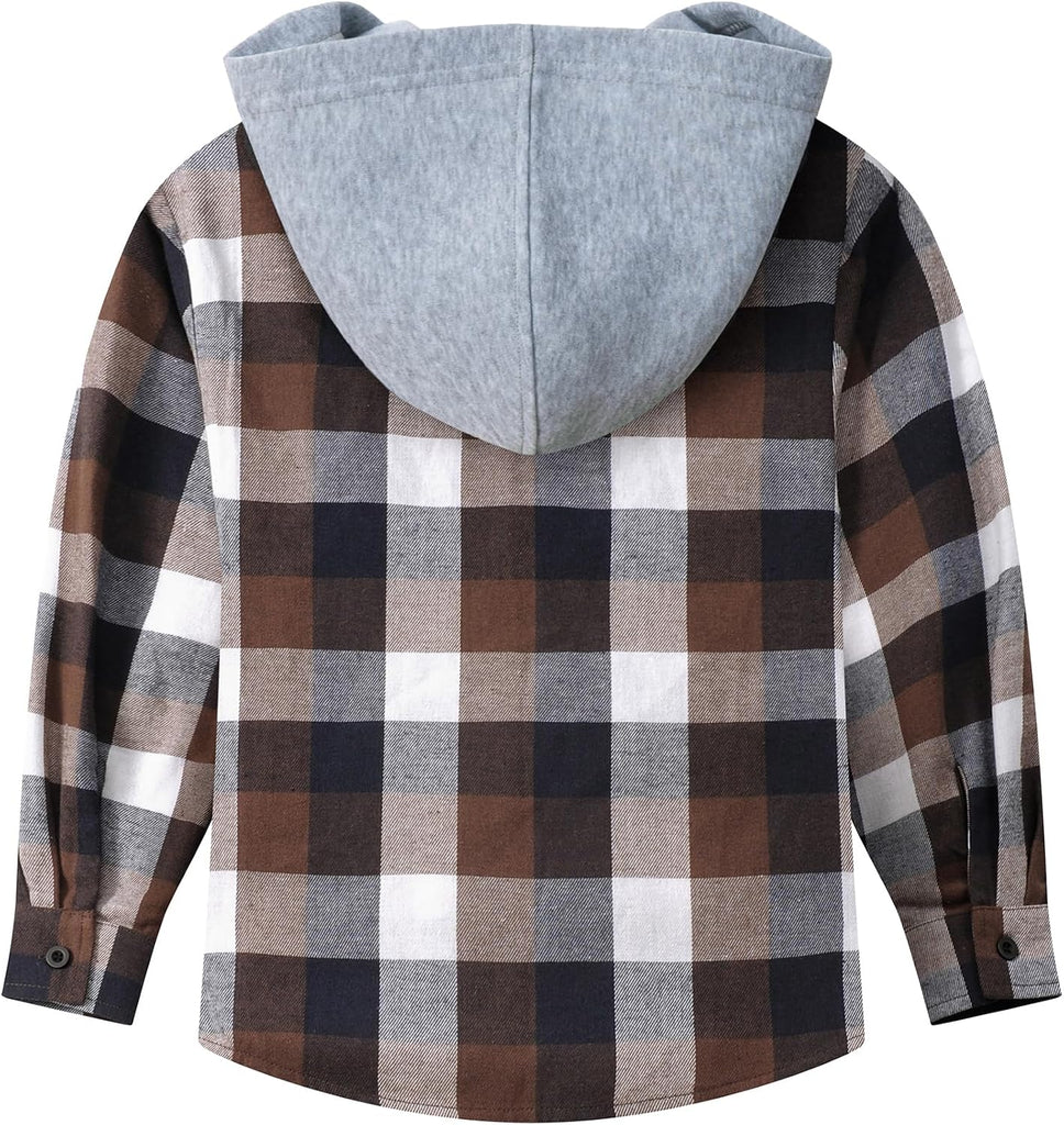 Boys Plaid Flannel Shirts Unisex Kids Long Sleeve Casual Button Down Shirt with Hood