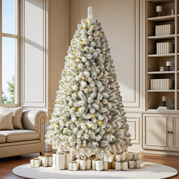 7.5 FT Pre-lit Snow Flocked Christmas Tree, Artificial Spruce Christmas Tree 1100 PVC Branch Tips 350 Warm White