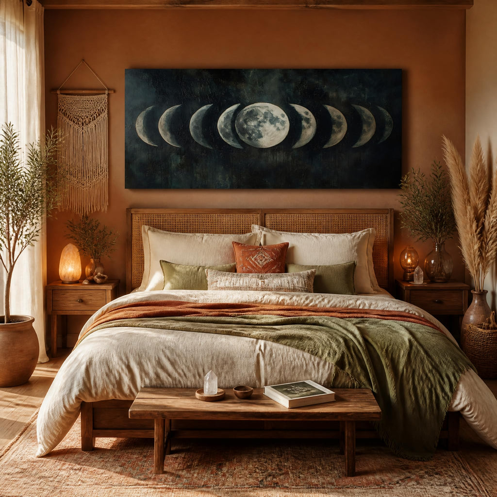 Moon Phase Canvas Wall Art Lunar Cycle Celestial Painting Flat Print Gallery Wrapped Dark Moody Artwork Bedroom