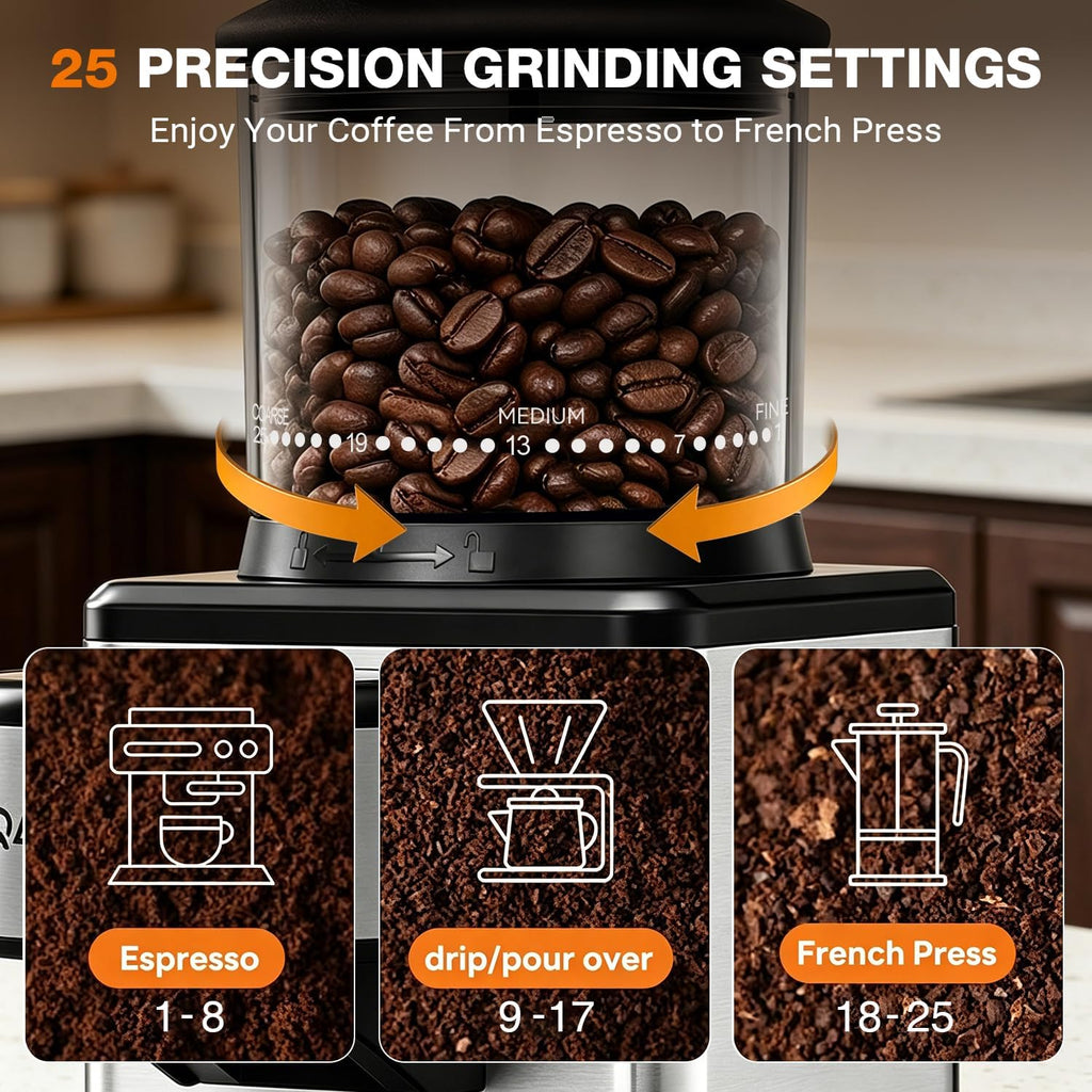 Electric Coffee Grinder, Conical Burr Coffee Grinder with 25 Settings & 60-Second Timer, Stainless Steel