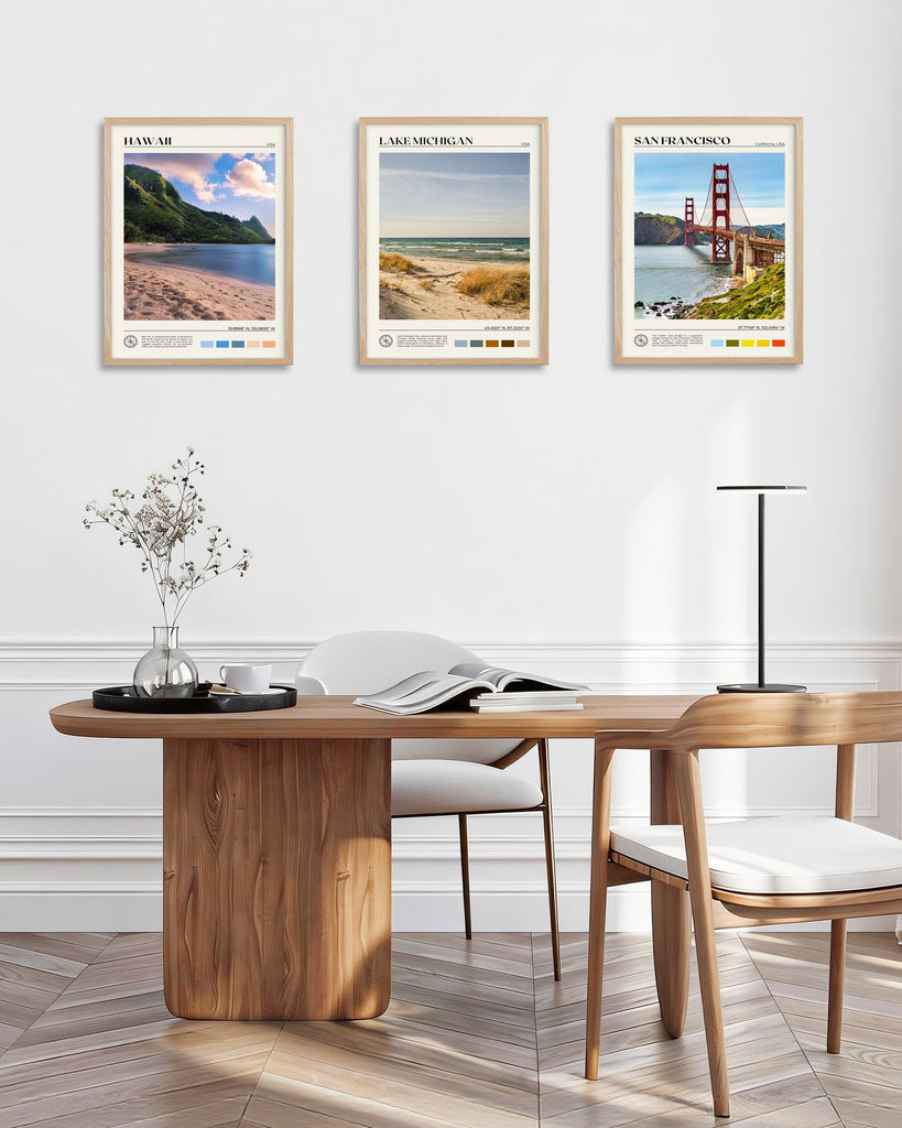 Natural OAK Wood Lake Michigan Framed Wall Art, 12x16in Natural Scenery Canvas Wall Print, Classic Urban City Landmark