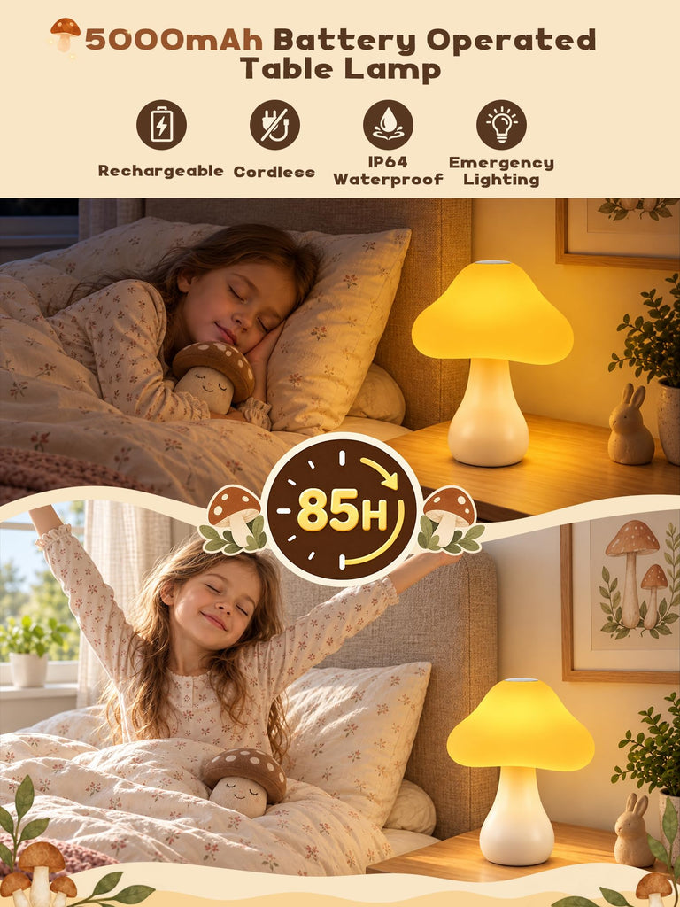Mushroom Lamp, 10 Colors RGB+10 Brightness Rechargeable Bedside Table Lamp