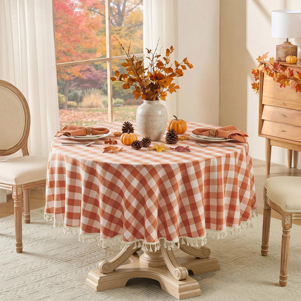 Fall Gingham Round Tablecloth with Tassel, Orange, 70" x 70"