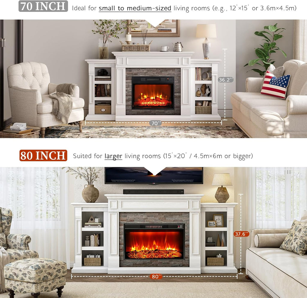 80" Electric Fireplace with Mantel, Fireplace TV Stand for TVs Up to 90 Inch, Modern Entertainment Center with