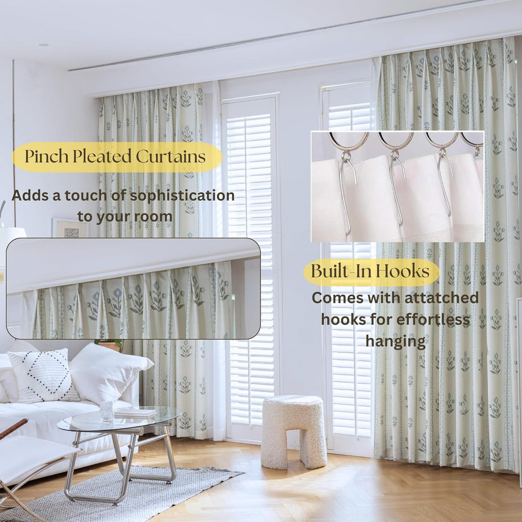 Linen Blend Pinch Pleated Curtains 96 Inches Long , Light Filtering Curtains 2 Panels Set, Modern Floral Printed