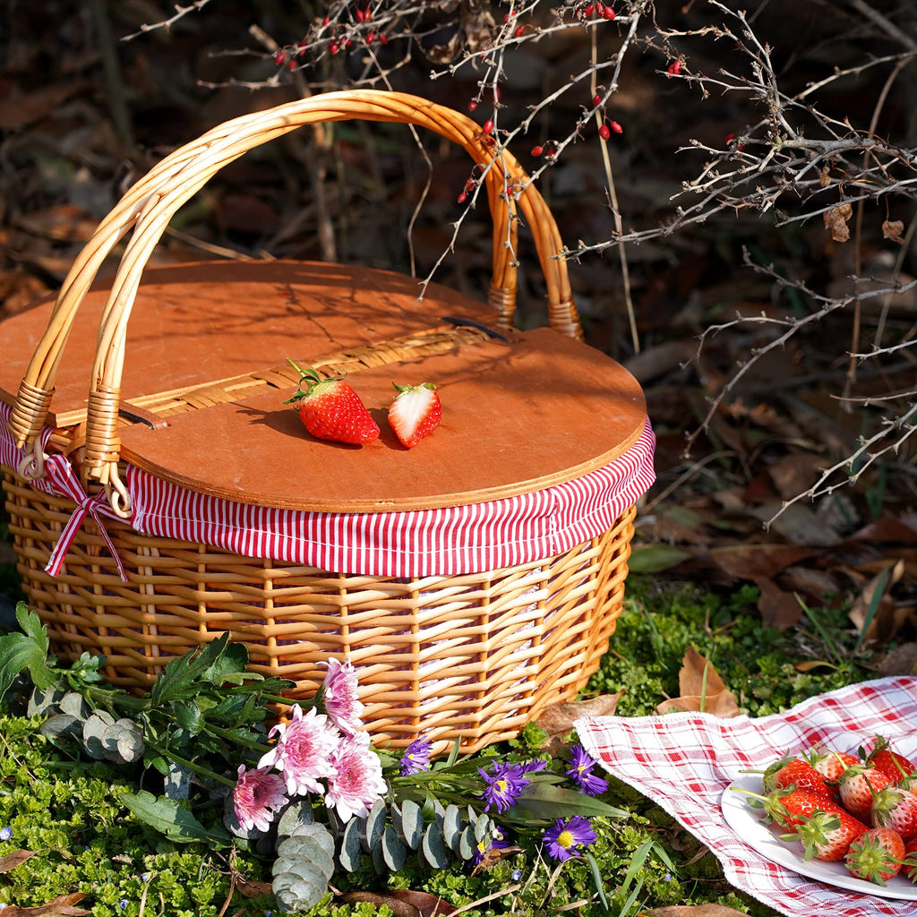 Wicker Picnic Basket with Liner, Wooden Split Lid Picnic Basket, Red
