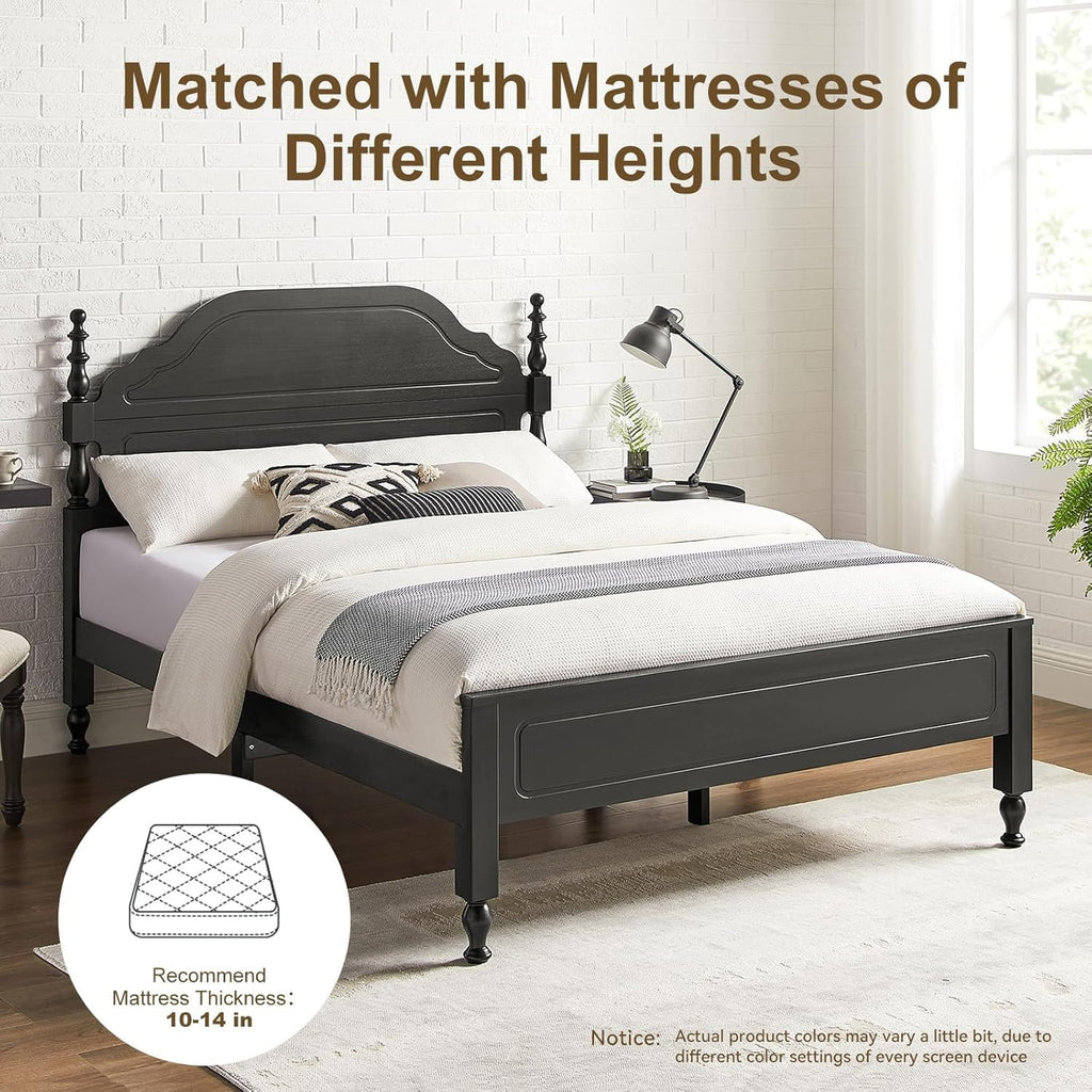 Wood Bed Frame with Wooden 50" Tall Headboard, Heavy Duty Solid Wood Slats Support, Rubber Wood Platform