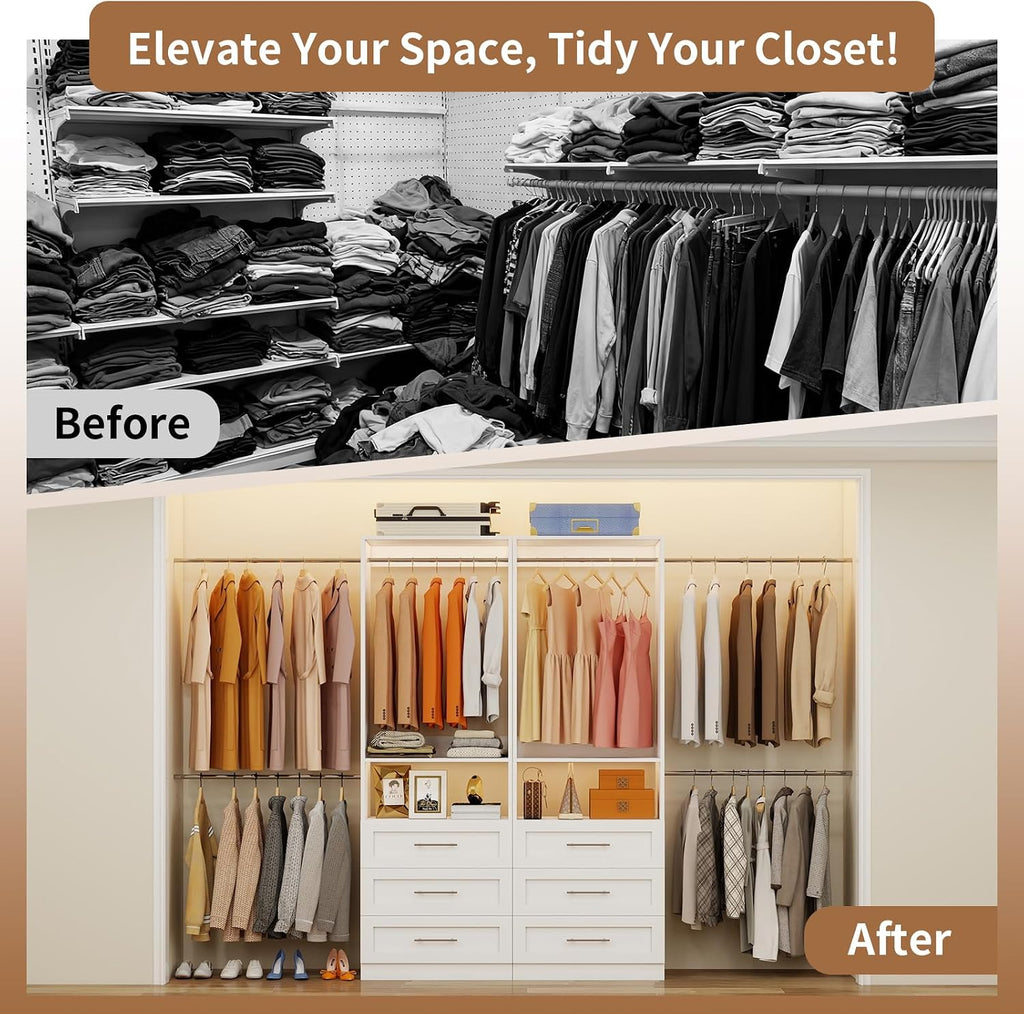 Closet System with 6 Drawers, 4FT-15FT 2-Piece Closet System, Walk in Closet Organizer System, Modular Closet System