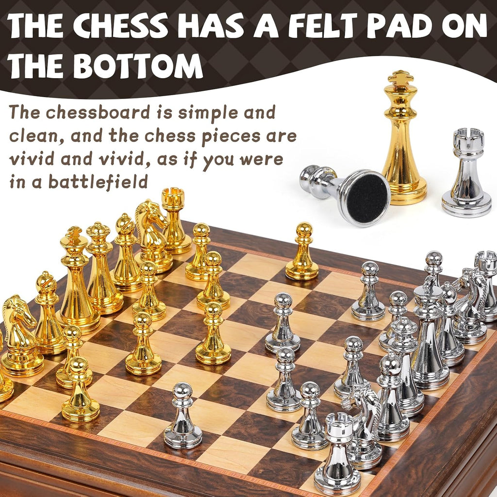 12-Inch Metal Chess Set with Wooden Board for Kids and Adults, Gold & Silver Chess Pieces, Portable Small Chess Board
