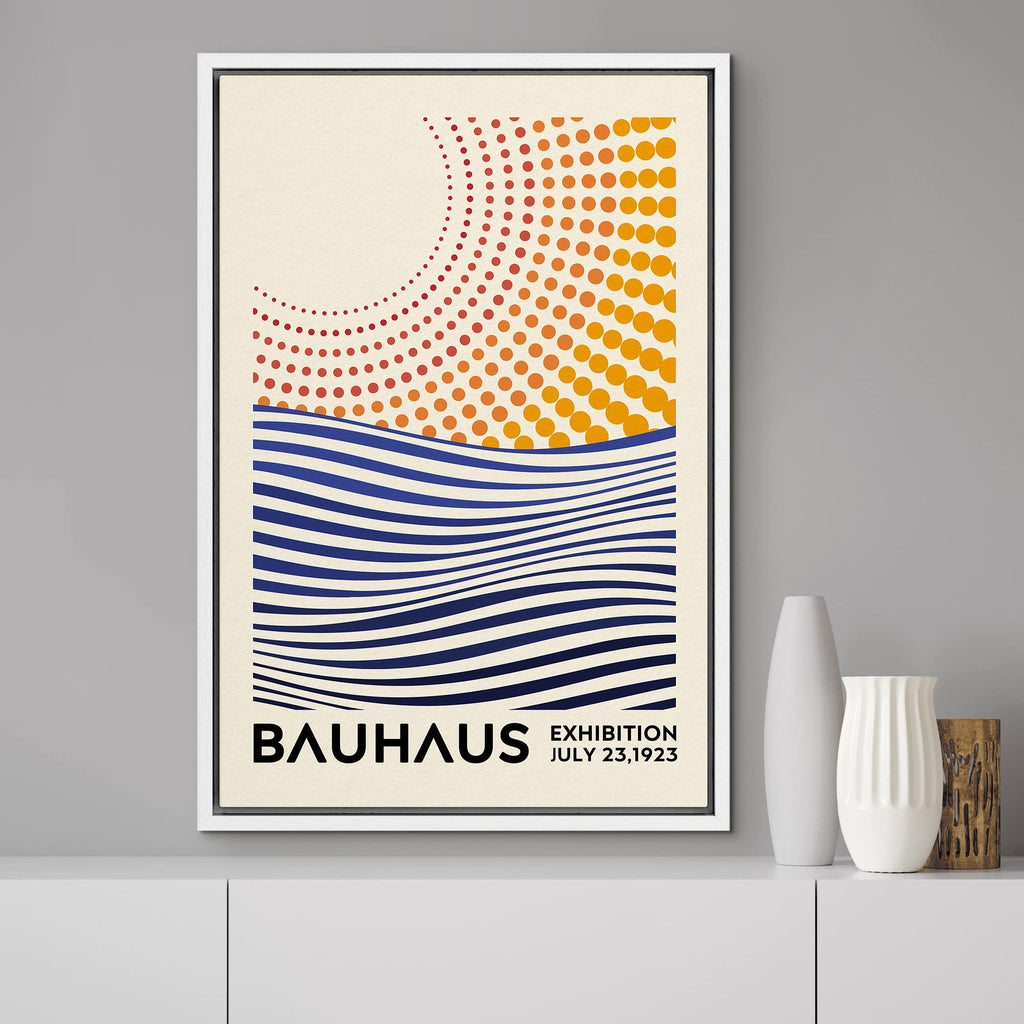Framed Canvas Print Wall Art Mid-Century Bauhaus Geometric Sun & Ocean Shapes Abstract Illustrations Modern Art