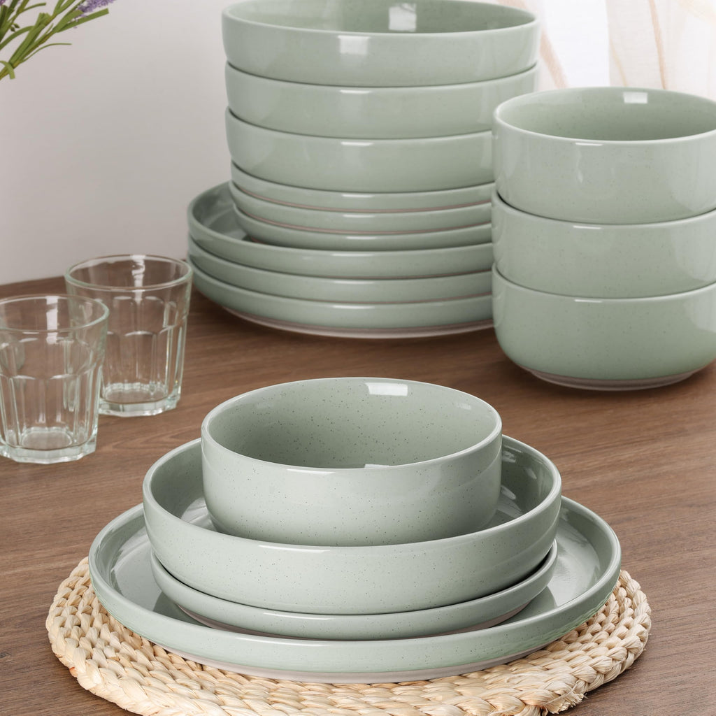 16-Piece Plates and Bowls Set for 4, Stoneware Dinnerware Sets with Pasta Bowl, Dishes Set Restaurant, Speckled