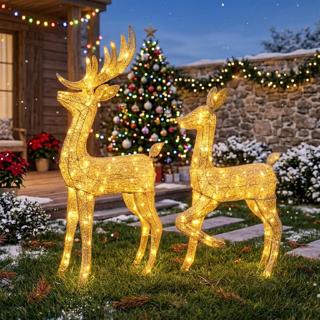 Lighted Christmas Reindeer Decor Outdoor 2Pcs Light Up Deer Set Decorations