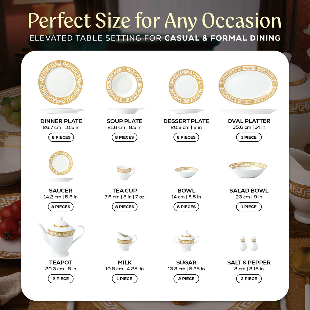 Golden Greek Key Bone China Dinnerware Set, 57-Piece