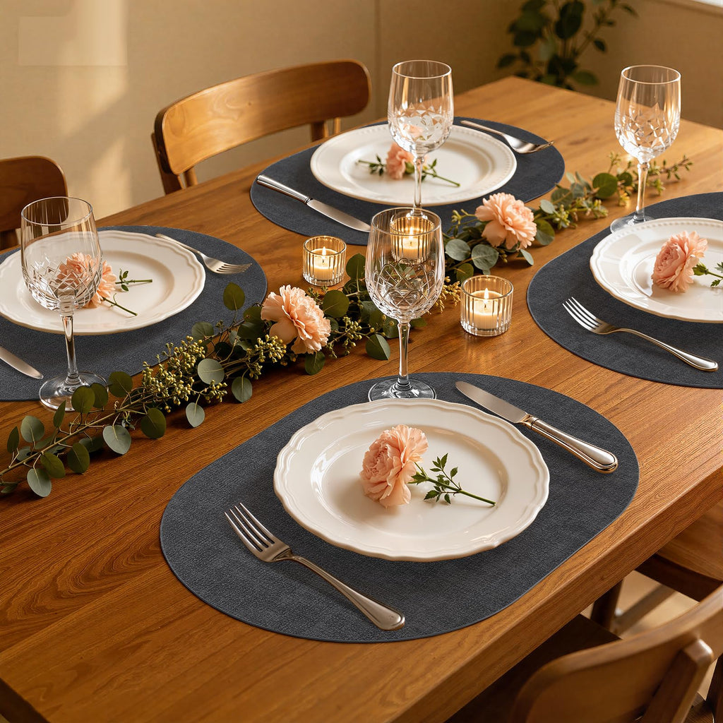 Oval Faux Leather Placemats Set of 4, Easy to Clean, Dark Grey