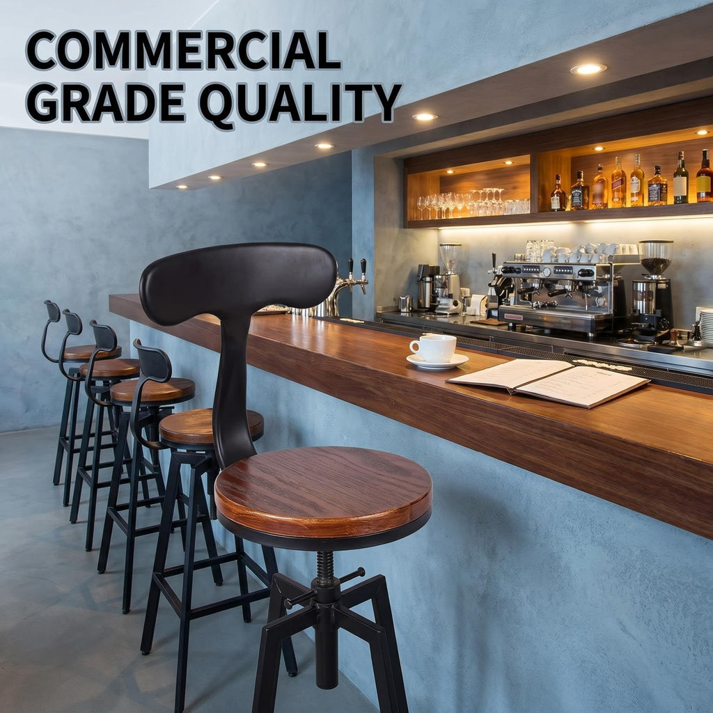 Industrial Bar Stools, Kitchen Dining Chair, Wood Top Stool, Adjustable Height Swivel Counter Height Bar Chair with