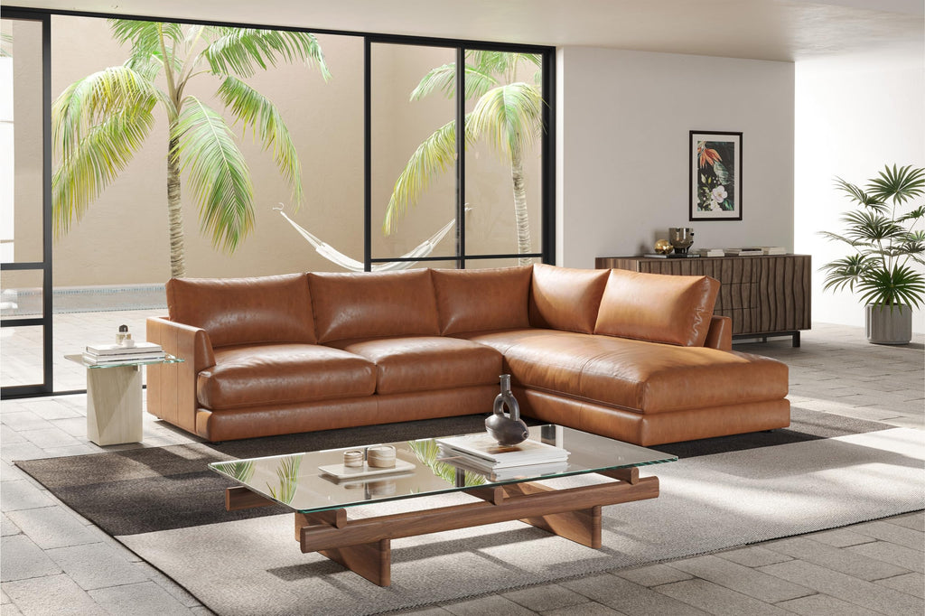 Serena 108" Full Leather Sectional Sofa with Right Bumper | Nappa 11000 Leather, Modern Low Profile Lounge Sofa | L