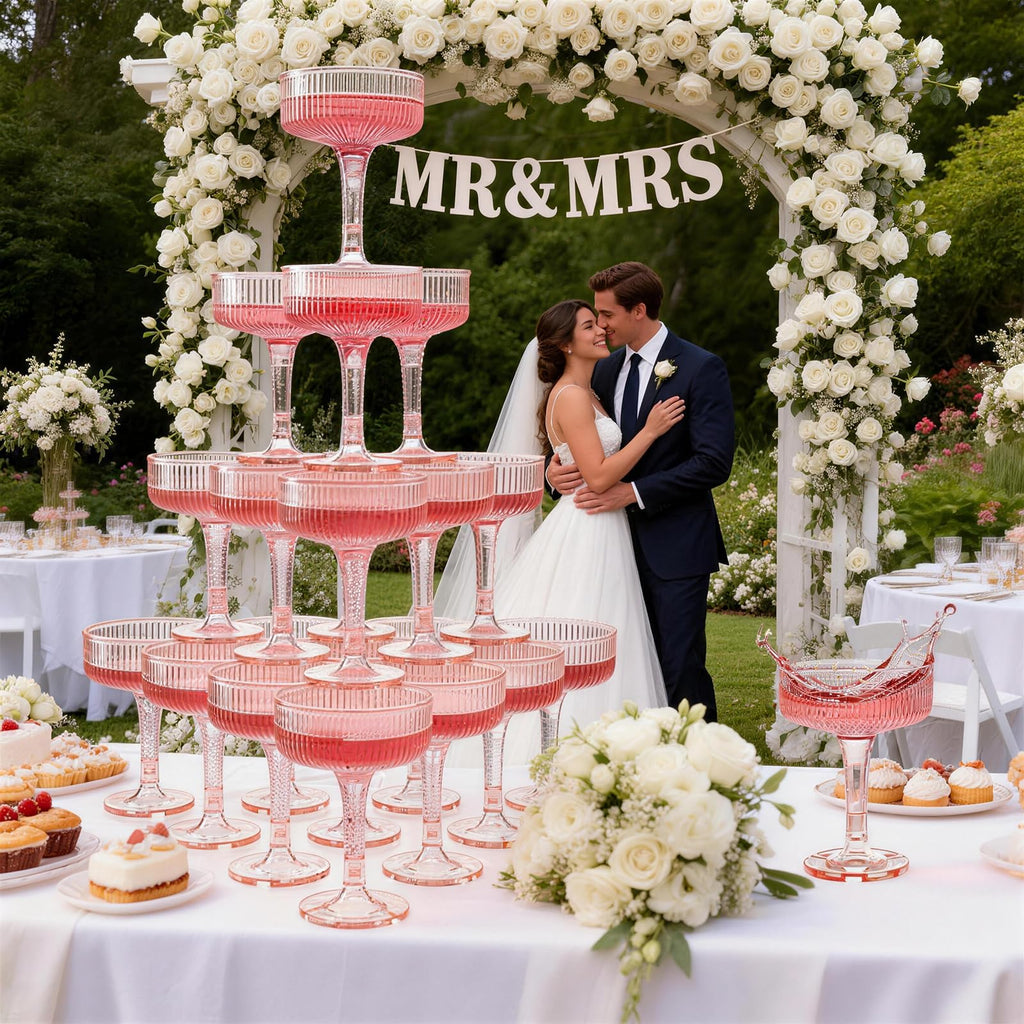 4-Tier Champagne Glasses - 20 PCS 7oz Pink Plastic Champagne Flute