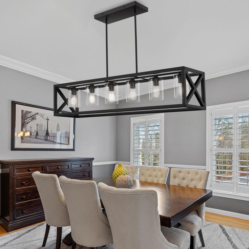 Farmhouse Dining Room Light Fixture - 6 Light Kitchen Island Lighting with Adjustable Height & Thickened Metal Dining