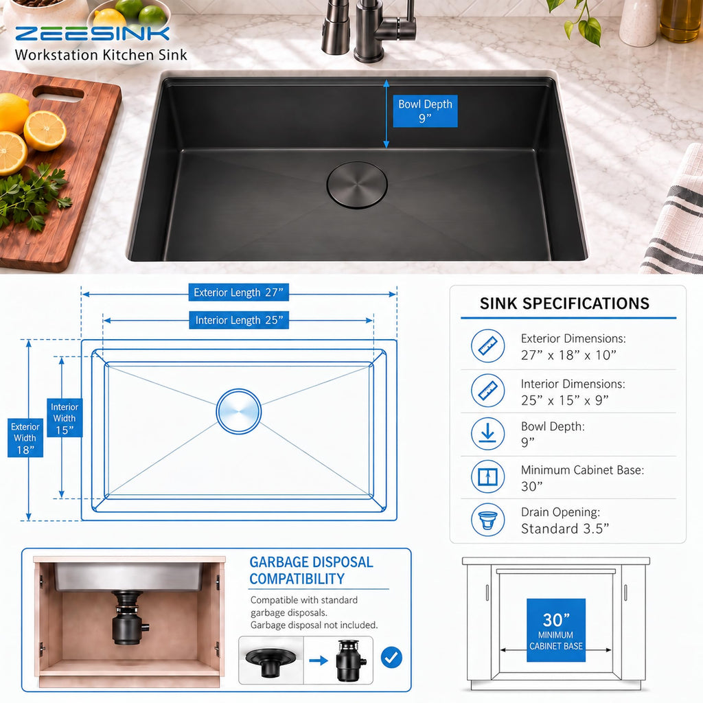 Black Undermount Kitchen Sink, 27 inch Workstation Kitchen Sink
