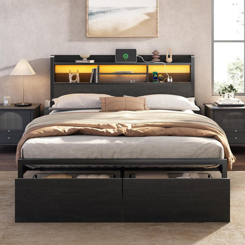 Full Bed Frame with Wood Headboard, Metal Platform Bed Frame Full with 2 Storage Drawers and Shelf