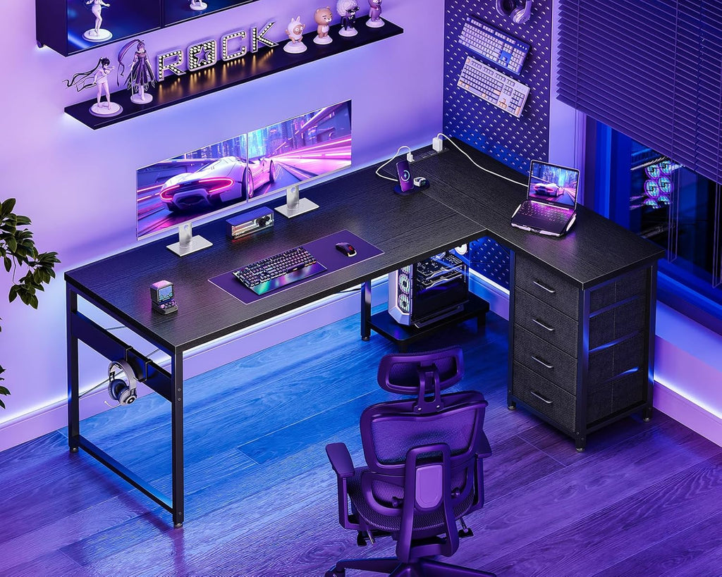 61" L Shaped Gaming Desk with 4 Drawers and Power Outlets, Black | USB Ports, PC Tower Stand, Hooks, Reversible