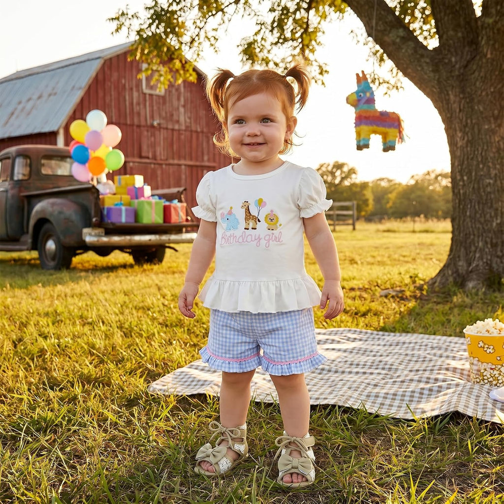 Girl Birthday Outfit Birthday Girl Animal Embroidery T-shirt Ruffle Plaid Shorts Cake Smash Outfit 1